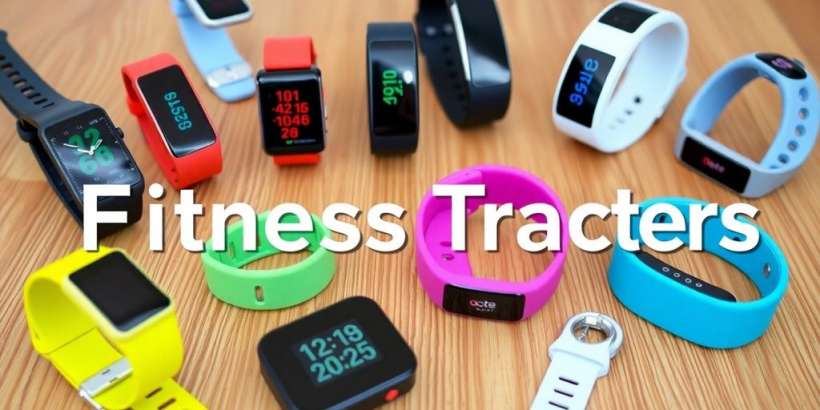 Verschiedene Fitness Tracker auf einem Tisch arrangiert.
