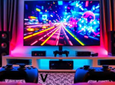 Hochwertiger Fernseher mit Gaming-Konsole und Controllern.