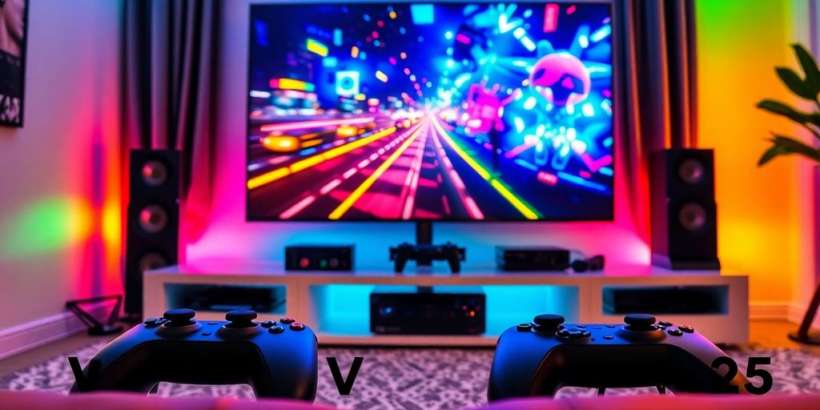 Hochwertiger Fernseher mit Gaming-Konsole und Controllern.