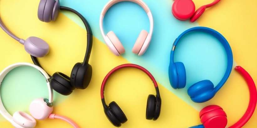 Verschiedene günstige Bluetooth Kopfhörer auf buntem Hintergrund.