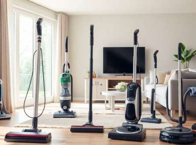 Verschiedene Staubsauger in einem modernen Wohnzimmer.