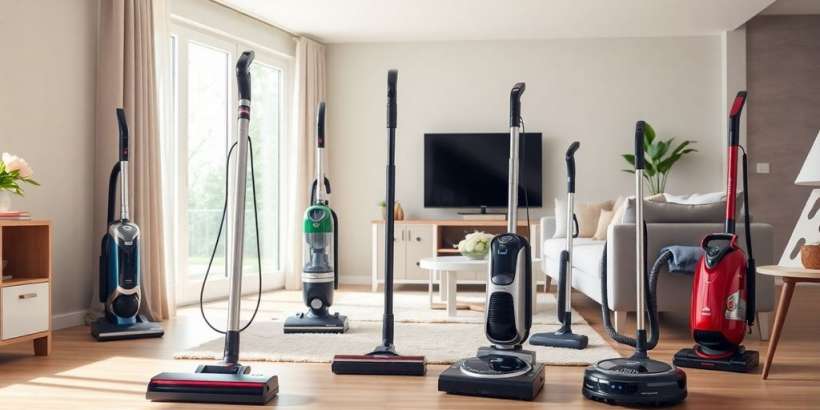 Verschiedene Staubsauger in einem modernen Wohnzimmer.
