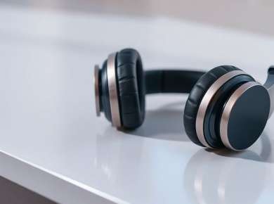 Moderne Over-Ear Bluetooth Kopfhörer auf einem Tisch.