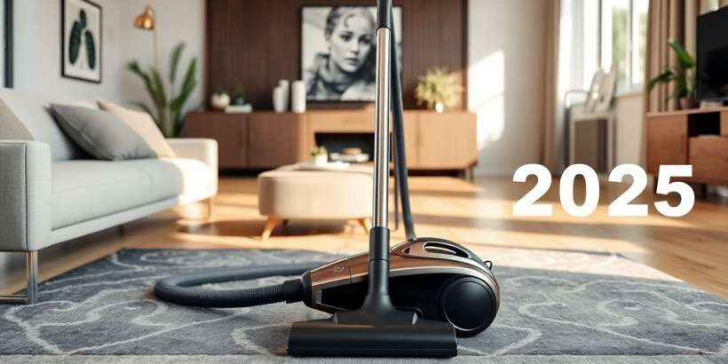 Moderner Staubsauger in stilvollem Wohnzimmer mit Teppich.