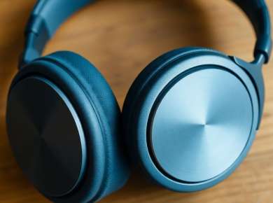 Stilvolle kabellose Over-Ear Kopfhörer auf Tisch.