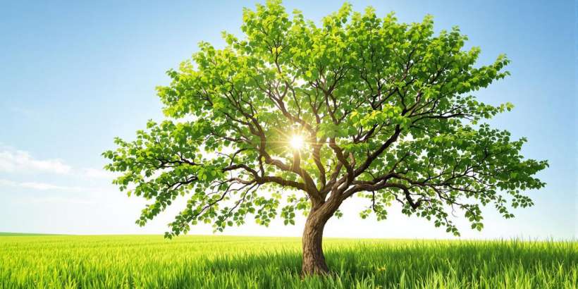 Grüner Baum in einer friedlichen Landschaft.