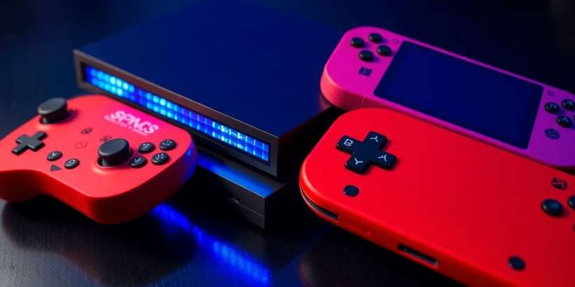 Bunte Spielkonsolen auf dunklem Hintergrund