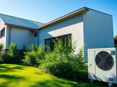 Modernes Haus mit Wärmepumpe im Garten