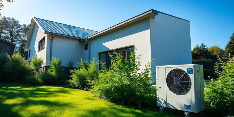 Modernes Haus mit Wärmepumpe im Garten