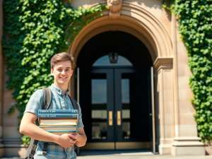Junge Person vor Bibliothek, viele Jura-Bücher