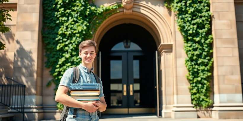 Junge Person vor Bibliothek, viele Jura-Bücher