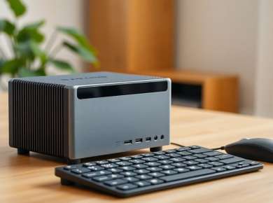 Mini-PC auf Schreibtisch mit Peripheriegeräten