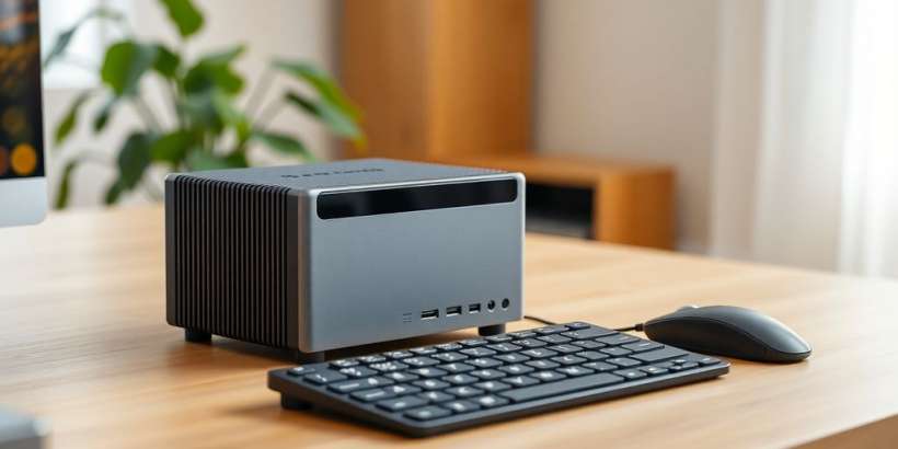 Mini-PC auf Schreibtisch mit Peripheriegeräten