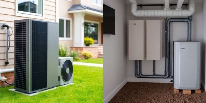 Verschiedene moderne Wärmepumpen vor einem Haus