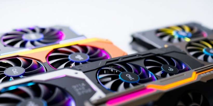 Nahaufnahme von verschiedenen Grafikkarten mit leuchtenden Lüftern