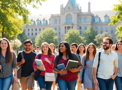 Globale Studentengruppe vor Universitätsgebäuden