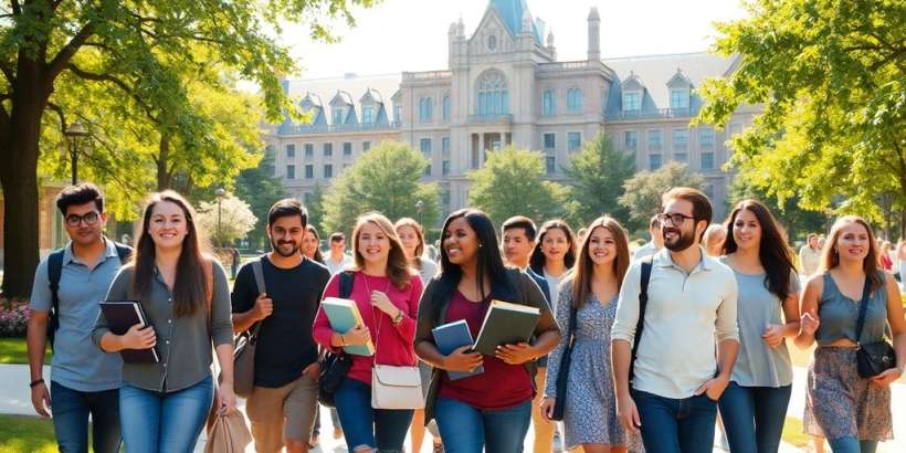Globale Studentengruppe vor Universitätsgebäuden