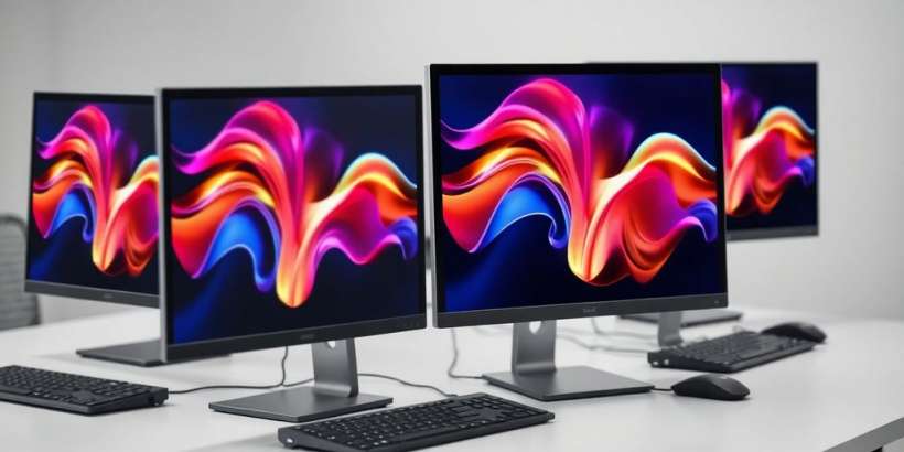 Verschiedene All-in-One-Computer auf einem Schreibtisch.