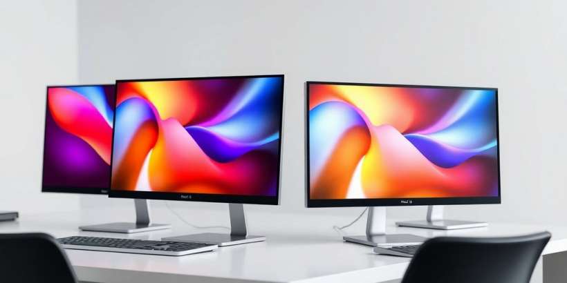 Verschiedene All-in-One-Computer auf einem modernen Schreibtisch.