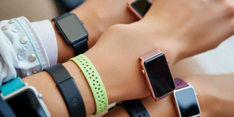 Nahaufnahme von Fitness-Trackern an Handgelenken, verschiedene Modelle